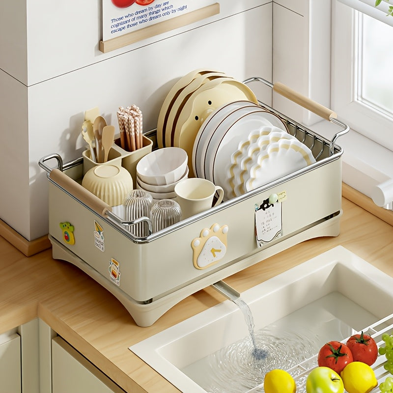 Large-Capacity Heavy-Duty 304 Stainless Steel Dish Drying Rack with Draining Board & Wood Handle - Single-Tier Space-Saving Kitchen Countertop Dish Rack Suitable for Plates, Bowls, Cups, Utensils, Chopsticks - Ideal for Small Apartments, Households