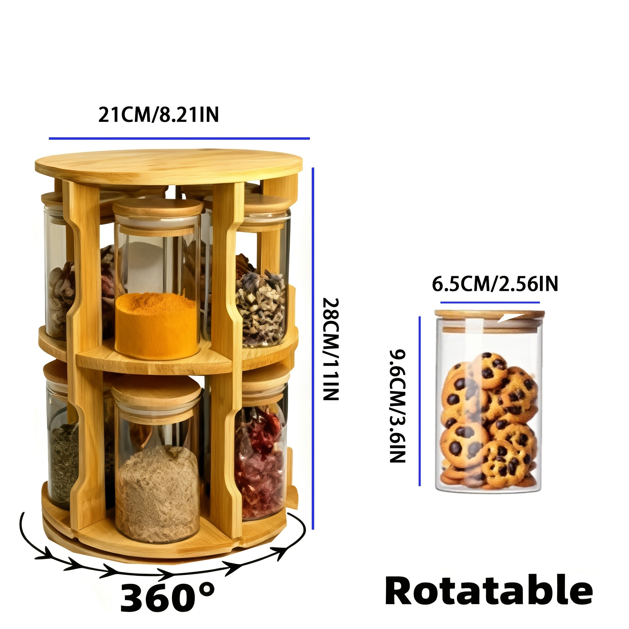 1pc Bamboo Rotating Spice Rack | 10pcs Glass Spice Jars with Flip Top, Round Shape, Reusable, for Kitchen Countertops and Cabinets