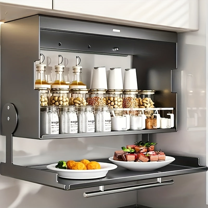 Wall-Mounted Kitchen Spice Rack with Pull-Down Double Shelves - Carbon Steel Space-Saving Flip-Top Design, 2 Sizes for Utensils, Food Prep & Countertop Organization, Durable Rust-Resistant Storage Organizer, Kitchen Storage Rack, Sleek Metallic Fini