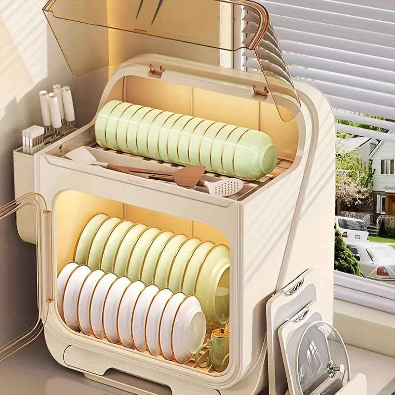 A Two-Tier Dish Drying Rack with a Cover, a Portable Storage Cabinet for Dishes, a Multifunctional 3-In-1 Kitchen Shelf, a Lightweight Plastic Dish Drainer with a Drip Tray, a Modern Minimalist Dish Rack for Organizing And Storing Kitchenware