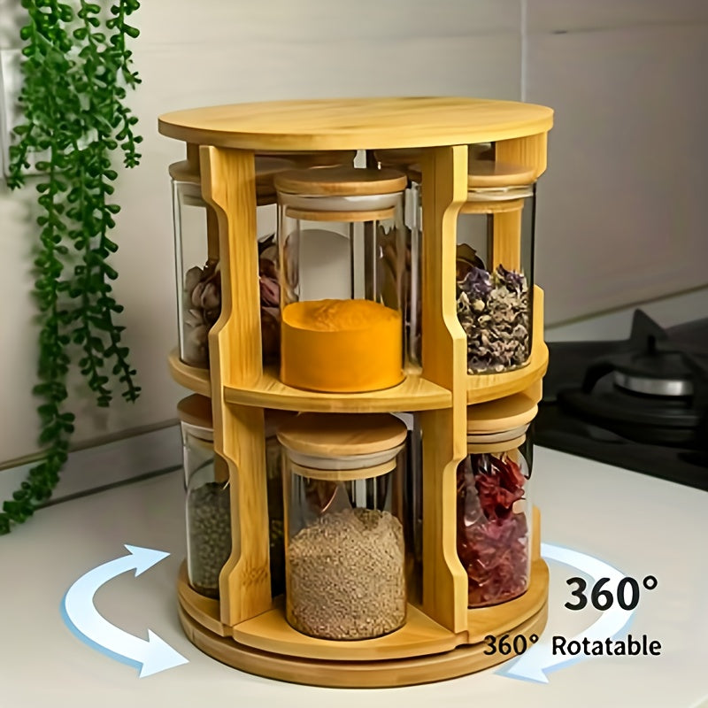 1pc Bamboo Rotating Spice Rack | 10pcs Glass Spice Jars with Flip Top, Round Shape, Reusable, for Kitchen Countertops and Cabinets