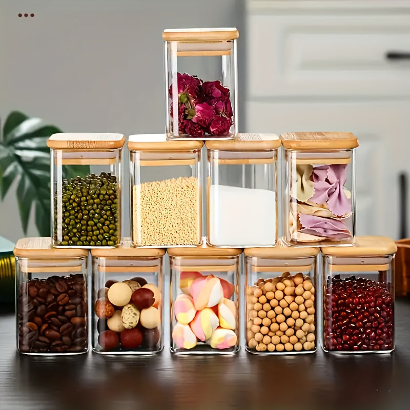 10pcs OUSVETZ Square Glass Spice Jars with Measuring Spoon & Sealed Lid - High Borosilicate Heat-Resistant Suitable for Kitchen Storage, Transparent Suitable for Pepper, Salt, Sugar Containers, Stackable Spice Rack for Cabinet, Moisture-Proof