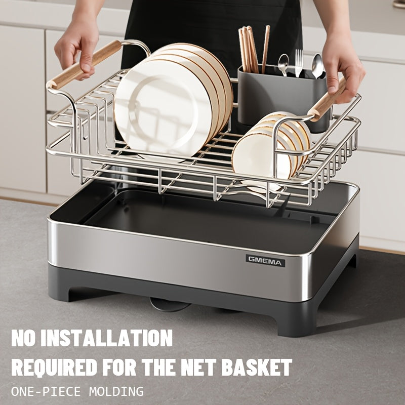 1 Stainless Steel Dish Drying Rack with Handle | Kitchen Countertop Dish Rack with 360° Rotating Water Collection Tray, Multifunctional Storage Organizer
