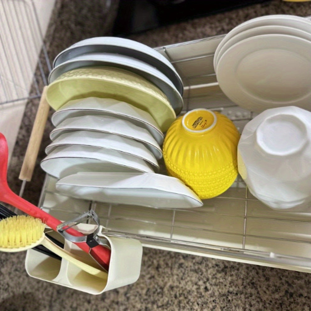 Large-Capacity Heavy-Duty 304 Stainless Steel Dish Drying Rack with Draining Board & Wood Handle - Single-Tier Space-Saving Kitchen Countertop Dish Rack Suitable for Plates, Bowls, Cups, Utensils, Chopsticks - Ideal for Small Apartments, Households