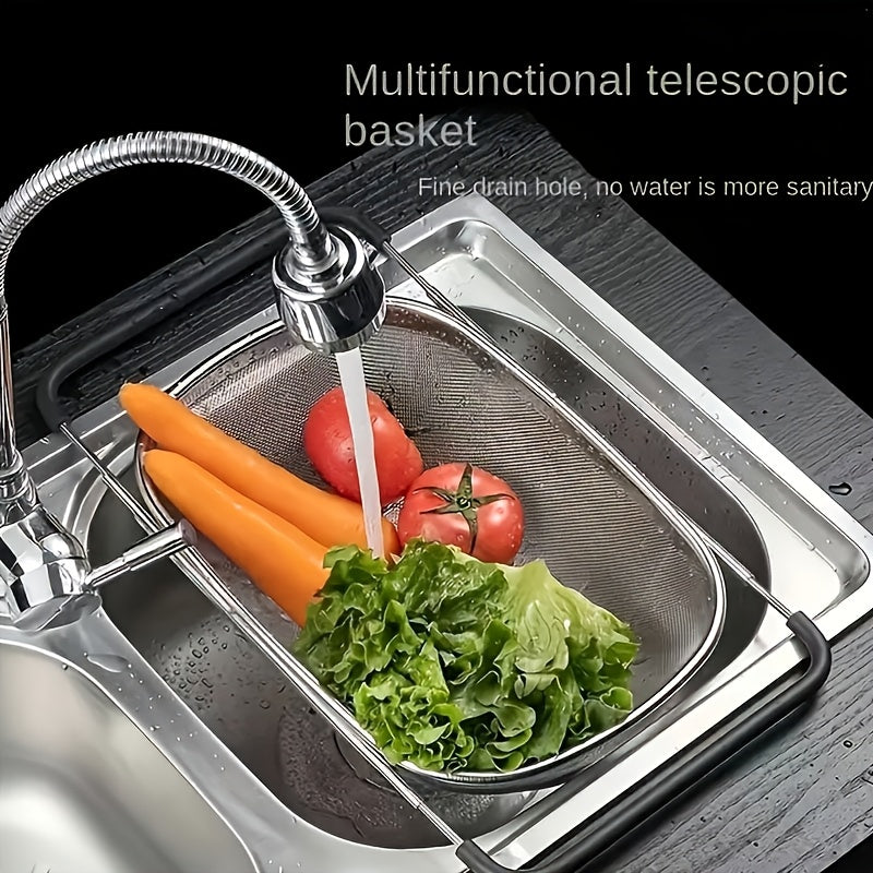 Collapsible Expandable Sink Basket, Heavy-Duty 304 Stainless Steel, Dish Drainer & Vegetable Washing Bin with Drain Holes, Multi-Functional Storage Rack for Fruits Pasta Rice, Space-Saving for Small Kitchens, with Telescopic Pole