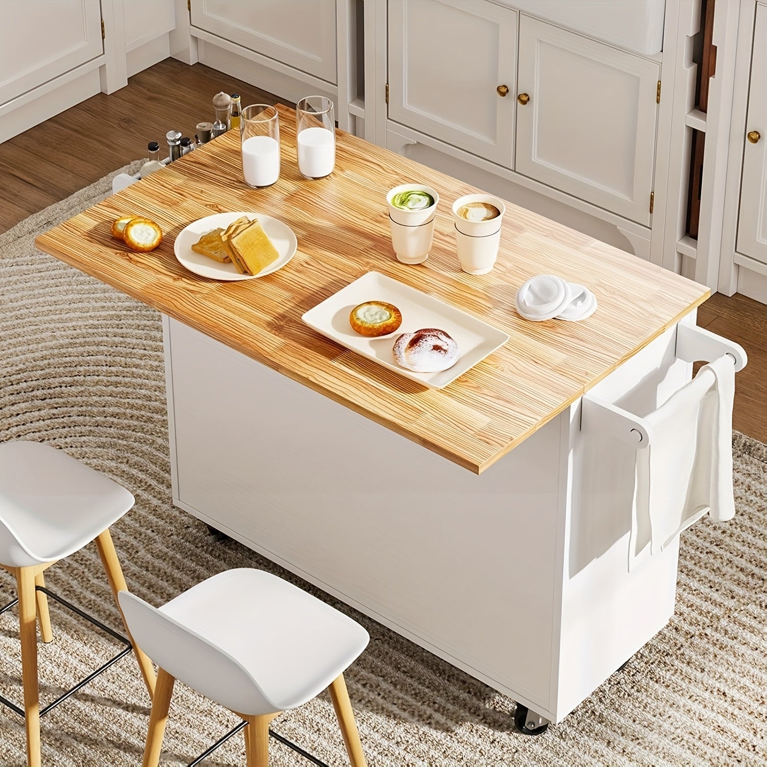 White Black Kitchen Island with Storage, Marble Tabletop, Rolling Kitchen Island Cart On Wheels with Drop Leaf Breakfast, Island Table for Kitchen with Towel Rack & Spice Rack Floating Shelf, White Black
