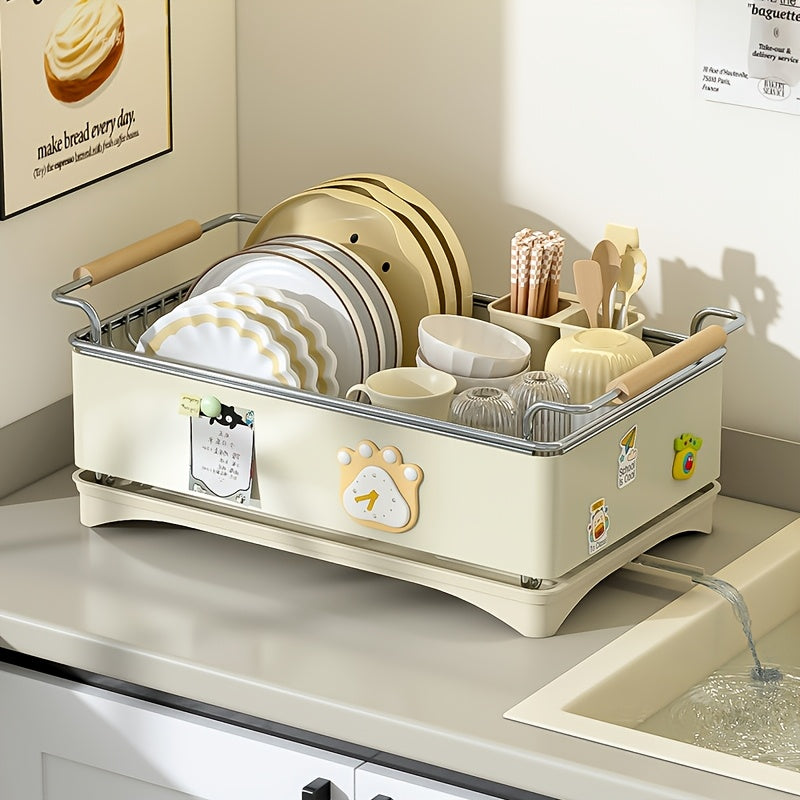 Large-Capacity Heavy-Duty 304 Stainless Steel Dish Drying Rack with Draining Board & Wood Handle - Single-Tier Space-Saving Kitchen Countertop Dish Rack Suitable for Plates, Bowls, Cups, Utensils, Chopsticks - Ideal for Small Apartments, Households