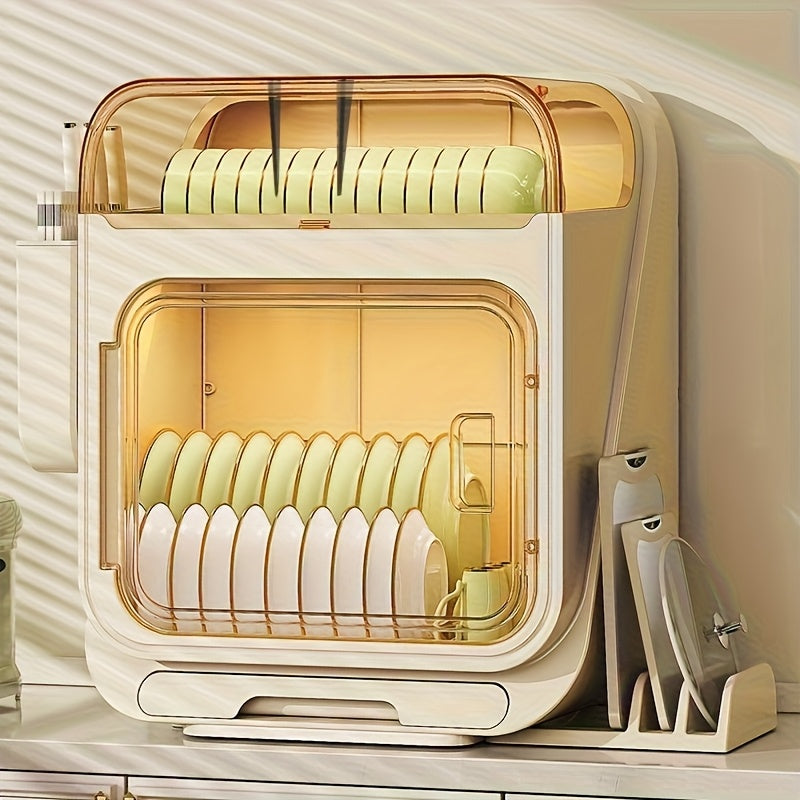 A Two-Tier Dish Drying Rack with a Cover, a Portable Storage Cabinet for Dishes, a Multifunctional 3-In-1 Kitchen Shelf, a Lightweight Plastic Dish Drainer with a Drip Tray, a Modern Minimalist Dish Rack for Organizing And Storing Kitchenware