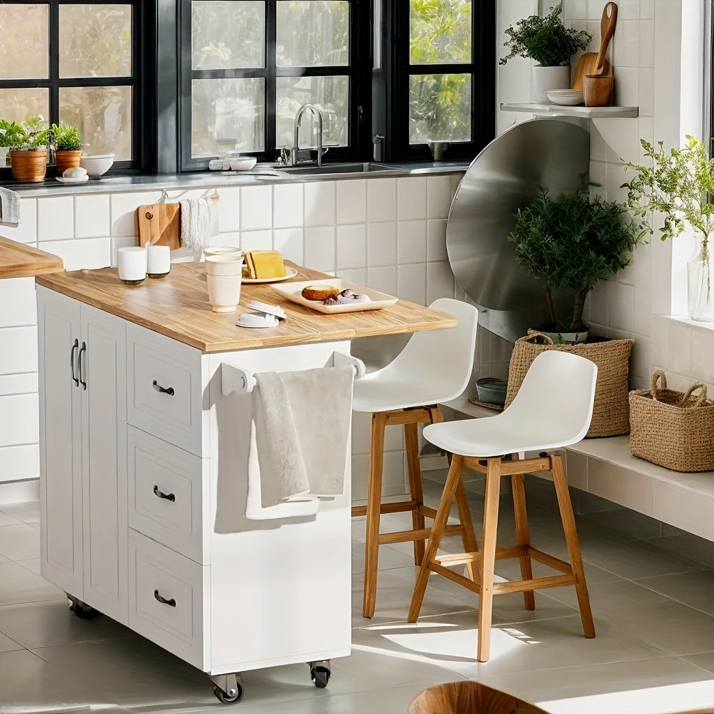 White Black Kitchen Island with Storage, Marble Tabletop, Rolling Kitchen Island Cart On Wheels with Drop Leaf Breakfast, Island Table for Kitchen with Towel Rack & Spice Rack Floating Shelf, White Black