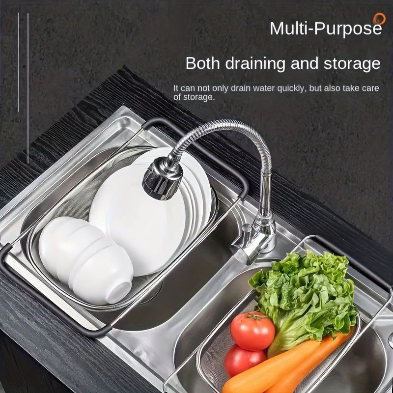 Collapsible Expandable Sink Basket, Heavy-Duty 304 Stainless Steel, Dish Drainer & Vegetable Washing Bin with Drain Holes, Multi-Functional Storage Rack for Fruits Pasta Rice, Space-Saving for Small Kitchens, with Telescopic Pole