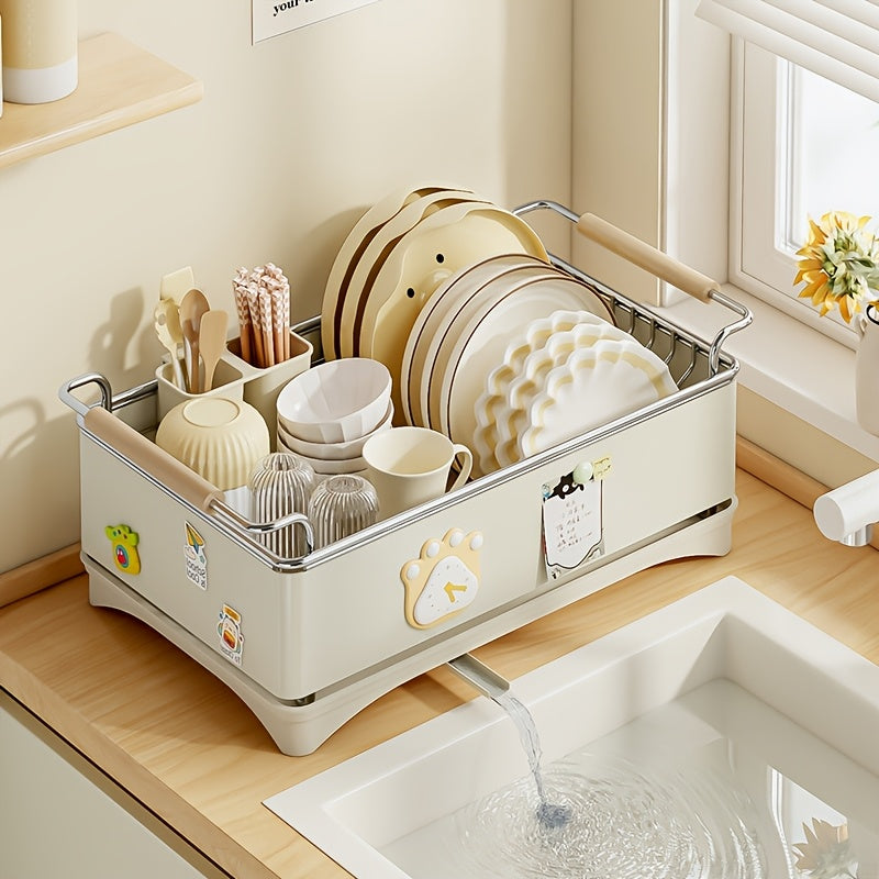 Large-Capacity Heavy-Duty 304 Stainless Steel Dish Drying Rack with Draining Board & Wood Handle - Single-Tier Space-Saving Kitchen Countertop Dish Rack Suitable for Plates, Bowls, Cups, Utensils, Chopsticks - Ideal for Small Apartments, Households
