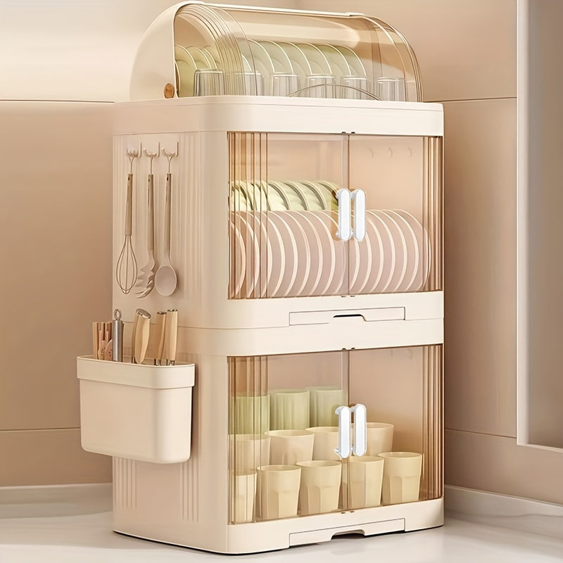 A 2\u002F3-Layer Kitchen Dish Storage Cabinet, Multi-Layer with a Draining Tray And Lid for Organizing Dishes And Utensils, Suitable for Bowls, Plates, And Cups, in White Color