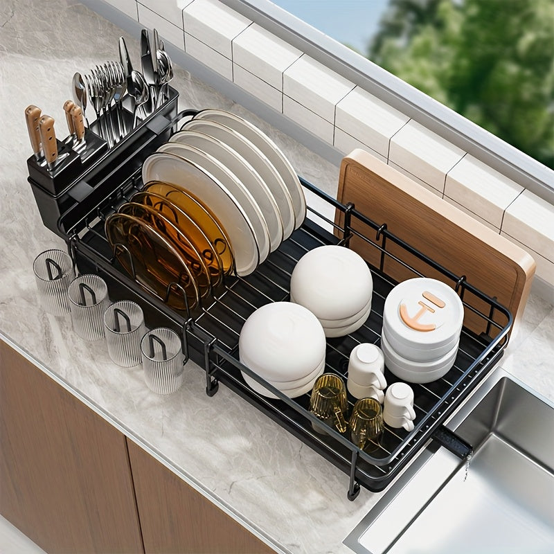A Retractable Metal Bowl And Plate Rack for The Kitchen Countertop, Designed for Draining And Drying Dishes. This Expandable Storage Rack Fits Beside The Kitchen Sink And Includes a Cutting Board Holder, Cutlery Holder, And Cup Holder