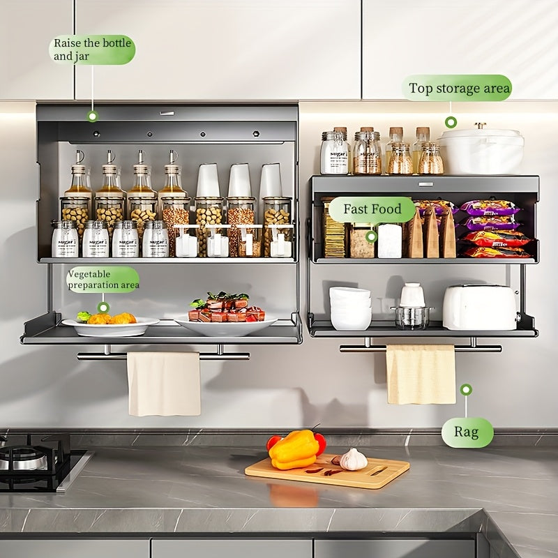 Wall-Mounted Kitchen Spice Rack with Pull-Down Double Shelves - Carbon Steel Space-Saving Flip-Top Design, 2 Sizes for Utensils, Food Prep & Countertop Organization, Durable Rust-Resistant Storage Organizer, Kitchen Storage Rack, Sleek Metallic Fini