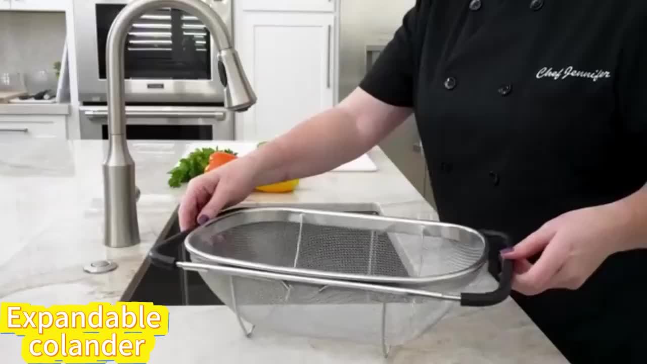 Collapsible Expandable Sink Basket, Heavy-Duty 304 Stainless Steel, Dish Drainer & Vegetable Washing Bin with Drain Holes, Multi-Functional Storage Rack for Fruits Pasta Rice, Space-Saving for Small Kitchens, with Telescopic Pole