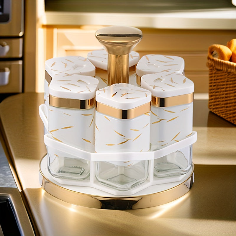 Elegant Glass Spice Set 6 Bottle Spice Set - Elegant White And Black Glass Shakers for Seasonings, Peppers And Herbs, Kitchen Essential, Travel, Rotating Rack, Decor Containers