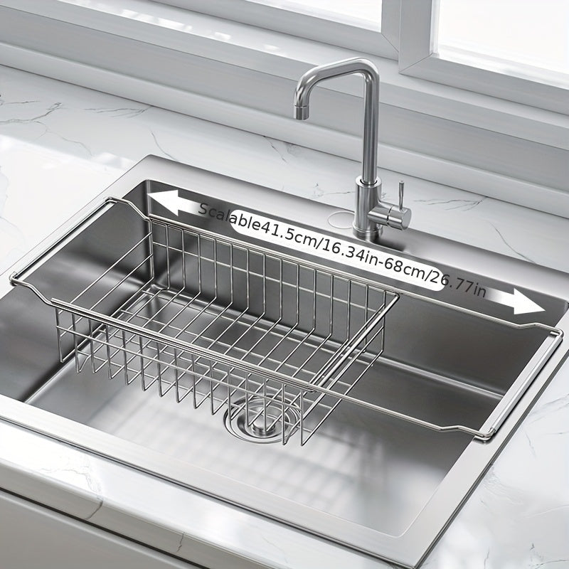 A Retractable Stainless Steel Sink Drainage Rack with Silicone Handles, an Expandable Dish Drying Rack, Multifunctional Storage Organizer for Kitchen Sink Additions, And a Korean-Style Collapsible Draining Basket