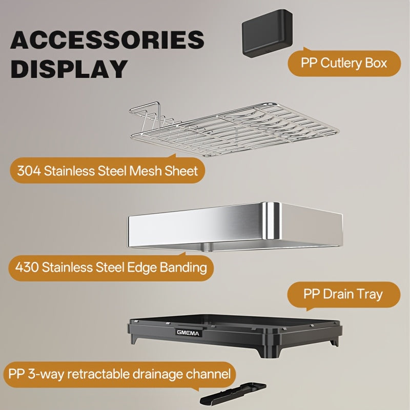 304 Stainless Steel Kitchen Dish Rack | New Countertop Dish Drying Organizer with Multi-Directional Drain Slots, Utensil Storage Rack