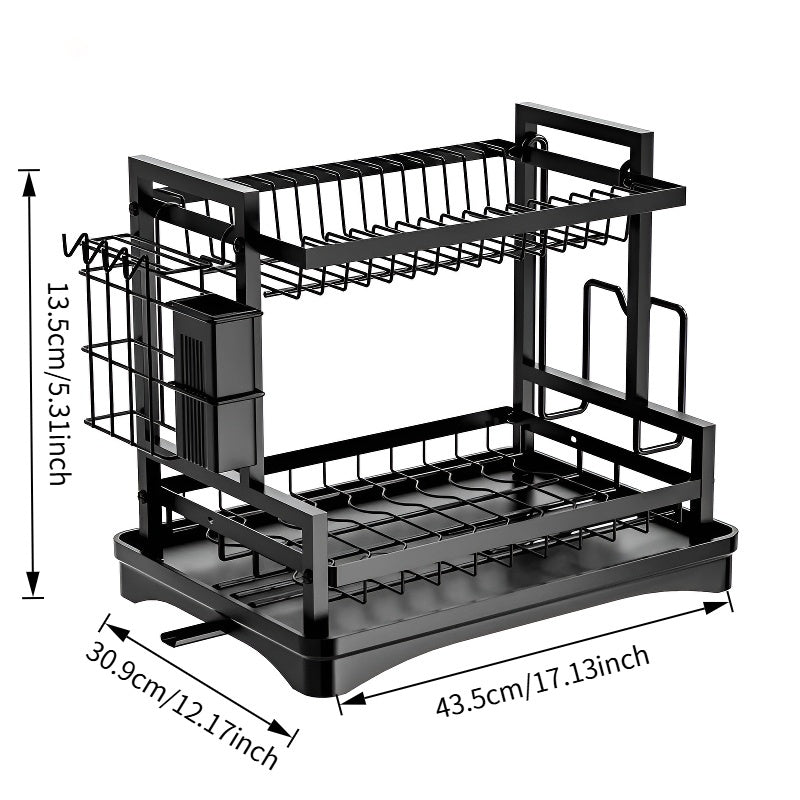 Large Heavy-Duty 2-Tier Dish Drying Rack with Removable Drain Board - Space-Saving Iron Dish Rack Suitable for Cups, Utensils, Chopping Boards, Plates, Bowls - Easy Assembly & Cleaning, Sturdy Countertop Organizer Sink Area, Ideal Gift