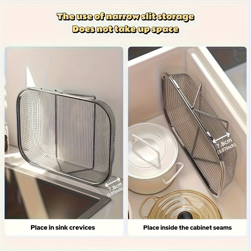 Collapsible Expandable Sink Basket, Heavy-Duty 304 Stainless Steel, Dish Drainer & Vegetable Washing Bin with Drain Holes, Multi-Functional Storage Rack for Fruits Pasta Rice, Space-Saving for Small Kitchens, with Telescopic Pole