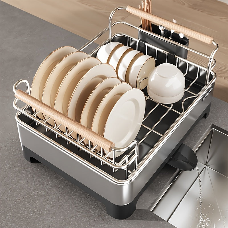 1 Stainless Steel Dish Drying Rack with Handle | Kitchen Countertop Dish Rack with 360° Rotating Water Collection Tray, Multifunctional Storage Organizer