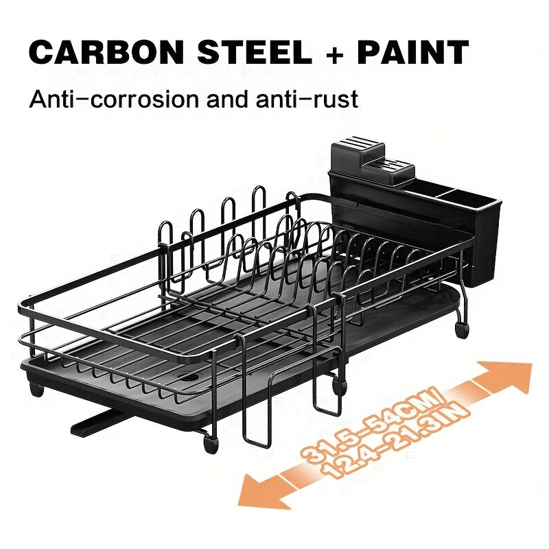 A Retractable Metal Bowl And Plate Rack for The Kitchen Countertop, Designed for Draining And Drying Dishes. This Expandable Storage Rack Fits Beside The Kitchen Sink And Includes a Cutting Board Holder, Cutlery Holder, And Cup Holder