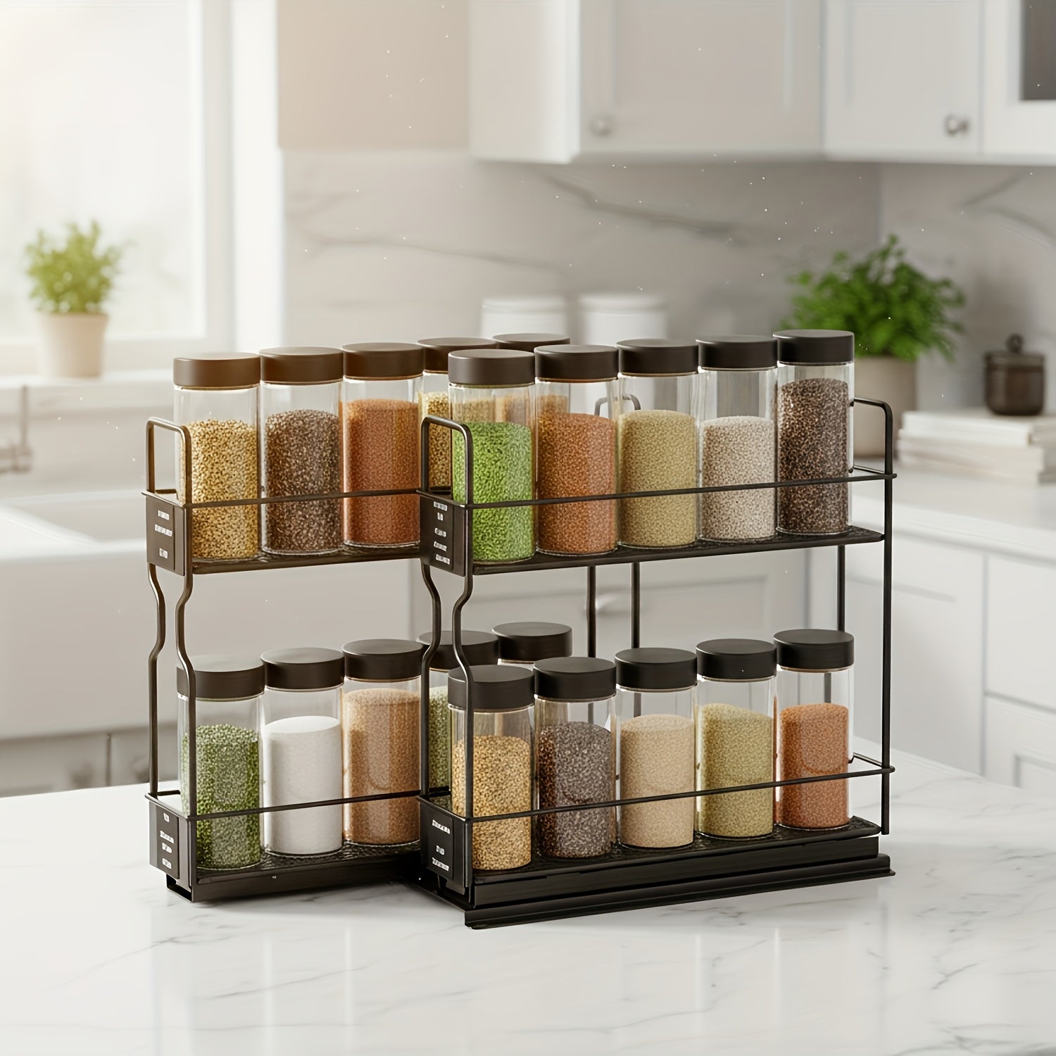 2\u002F4pcs 2-Tier Pull-Out Spice Rack Organizer For Cabinet - Durable, Easy-to-Install Plastic Spice Storage With Sliding Jars For Kitchen Organization, Spice Jar Valentine'S Day\u002FNew Year\u002FMother'S Day Gifts, Utility Racks
