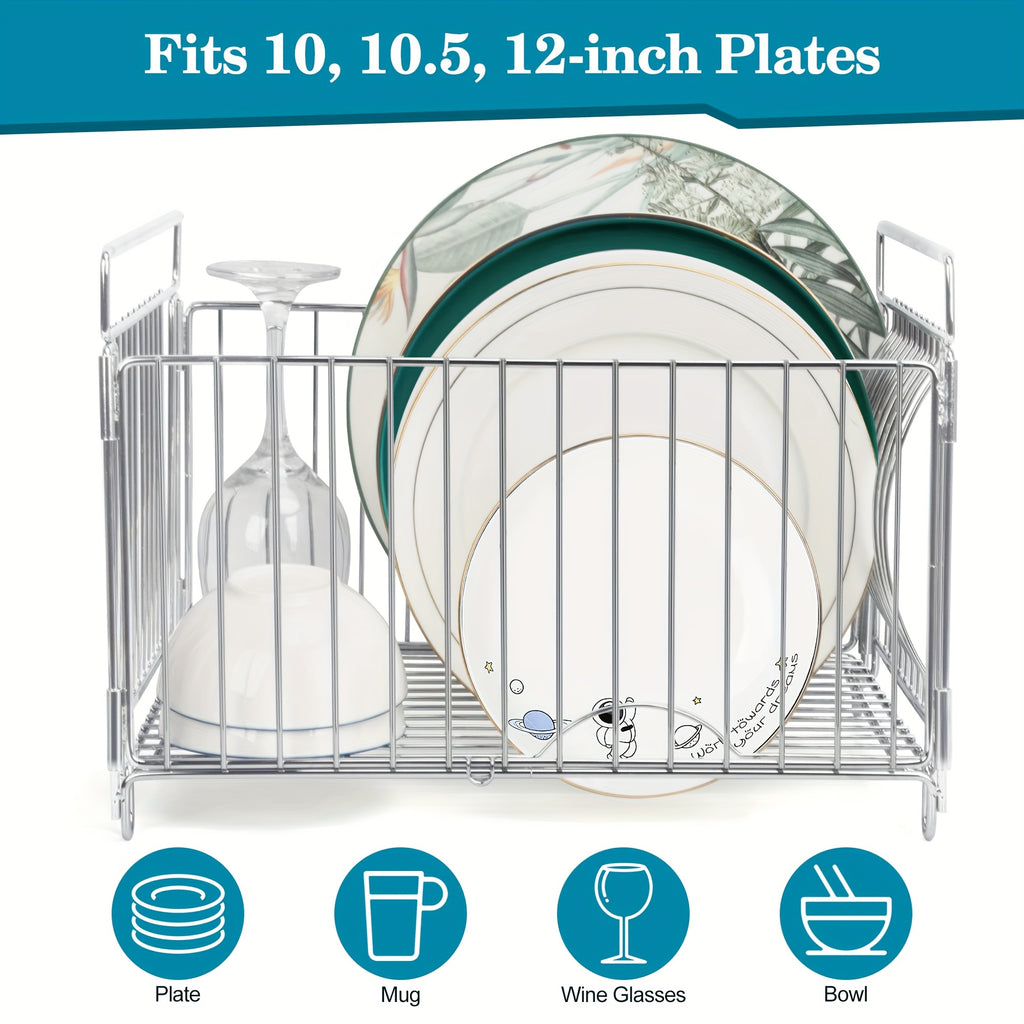 Large Metal Dish Rack Large Deep Dish Drying Rack & Utensil Holder | Durable Metal Wire Design for Efficient Draining, Holds 10-12 Inch Plates, Bowls, Cups & Cutlery, Over-Sink Kitchen Countertop Organizer