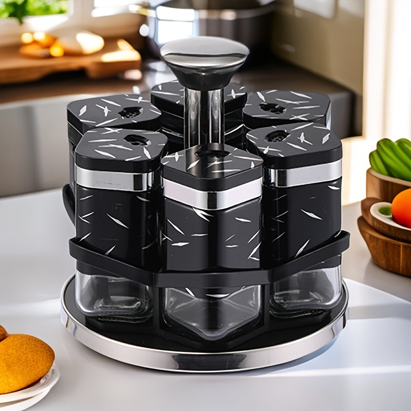 Elegant Glass Spice Set 6 Bottle Spice Set - Elegant White And Black Glass Shakers for Seasonings, Peppers And Herbs, Kitchen Essential, Travel, Rotating Rack, Decor Containers
