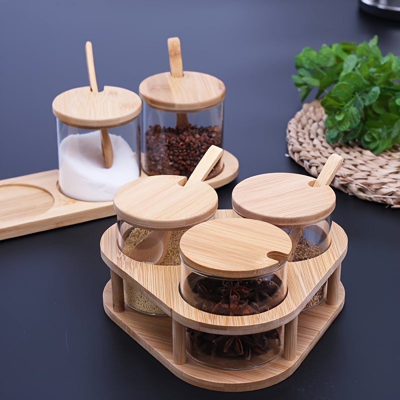 3pcs Glass Spice Jar Set with Wooden Rack, Sealed Glass Containers for Kitchen Storage, Suitable for Salt, Pepper, Sugar and Spices, Food Storage, Condiment Containers