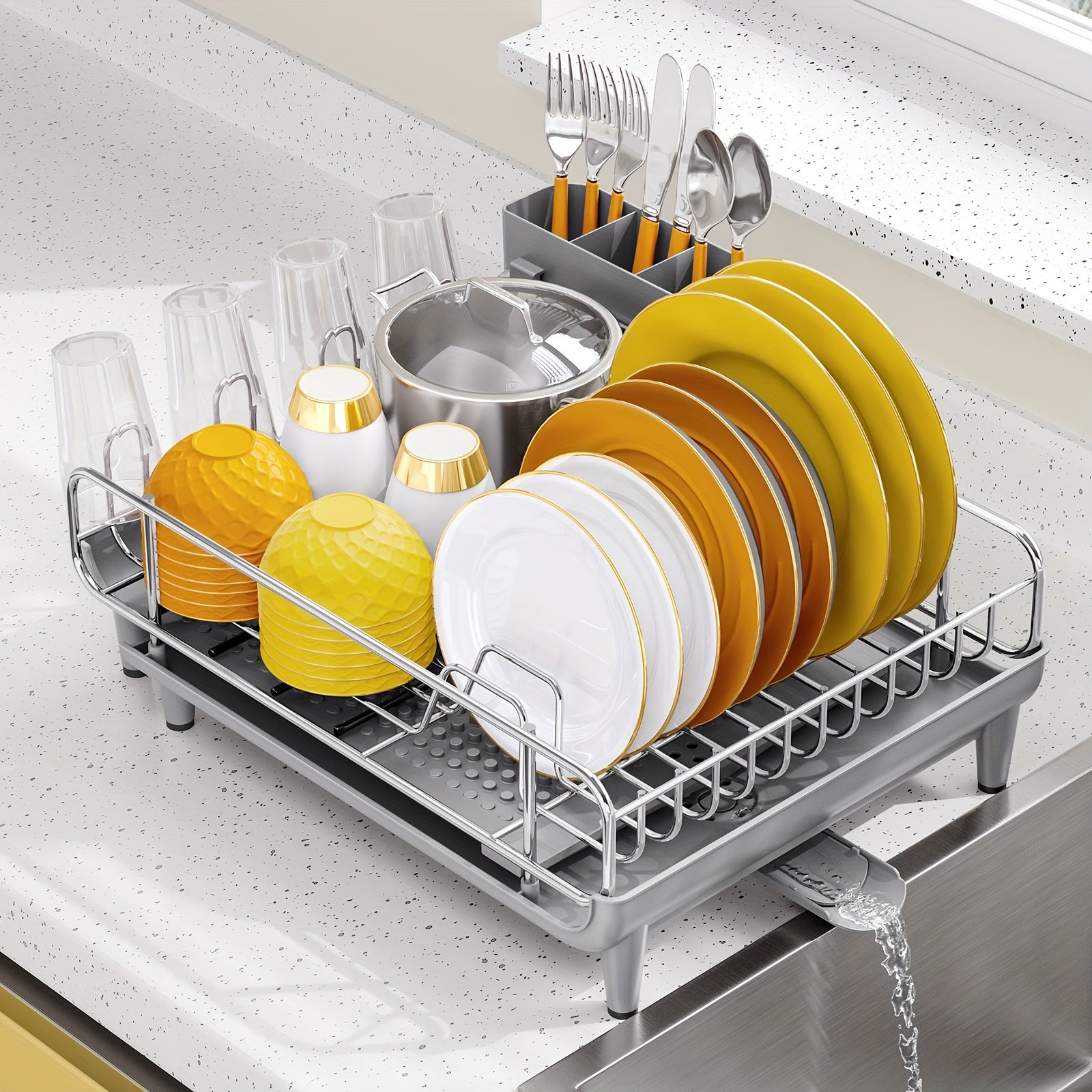 KINGRACK Kitchen Equipment & Supplies, Adjustable Dish Drying Rack, Collapsible Stainless Steel Drainer with Utensil Holder, Spacious Design for Kitchen Countertop