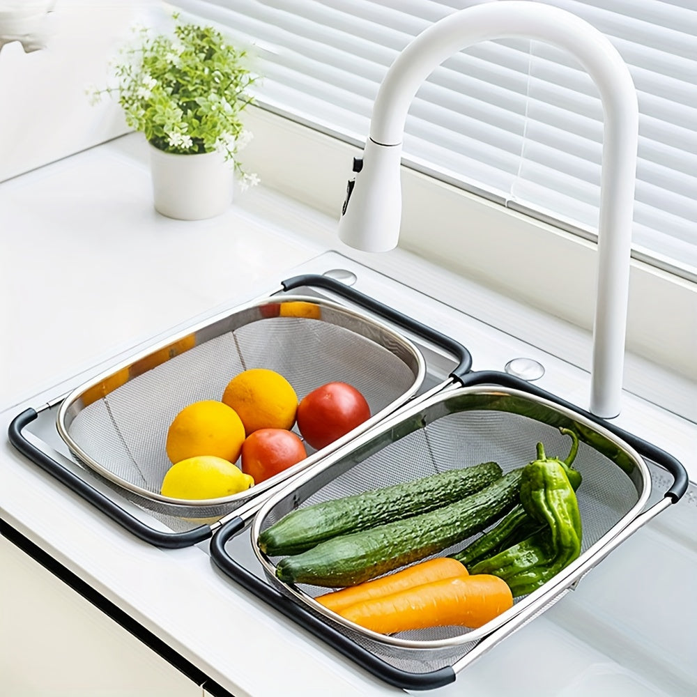 1pc Adjustable Stainless Steel Sink Colander | Multifunctional Vegetable and Fruit Washing Basket with Drain Rack, Strainer, and Kitchen Additions - Space-Saving, Easy to Clean, and Durable Kitchen Gadget by Eatscotta