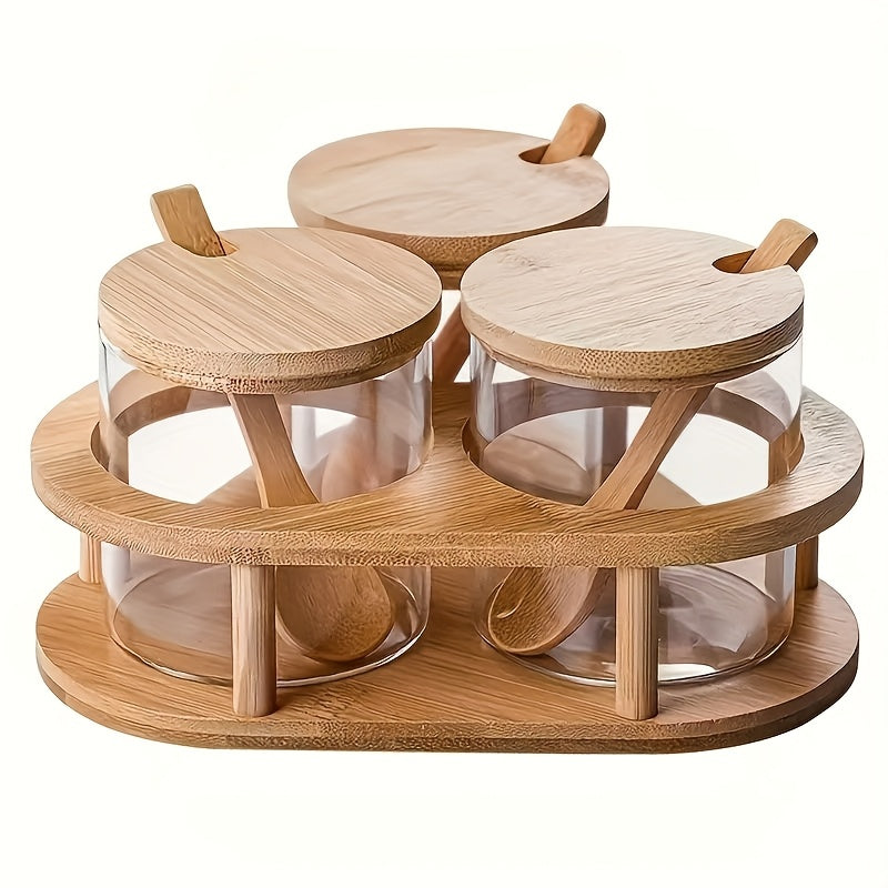 3pcs Glass Spice Jar Set with Wooden Rack, Sealed Glass Containers for Kitchen Storage, Suitable for Salt, Pepper, Sugar and Spices, Food Storage, Condiment Containers