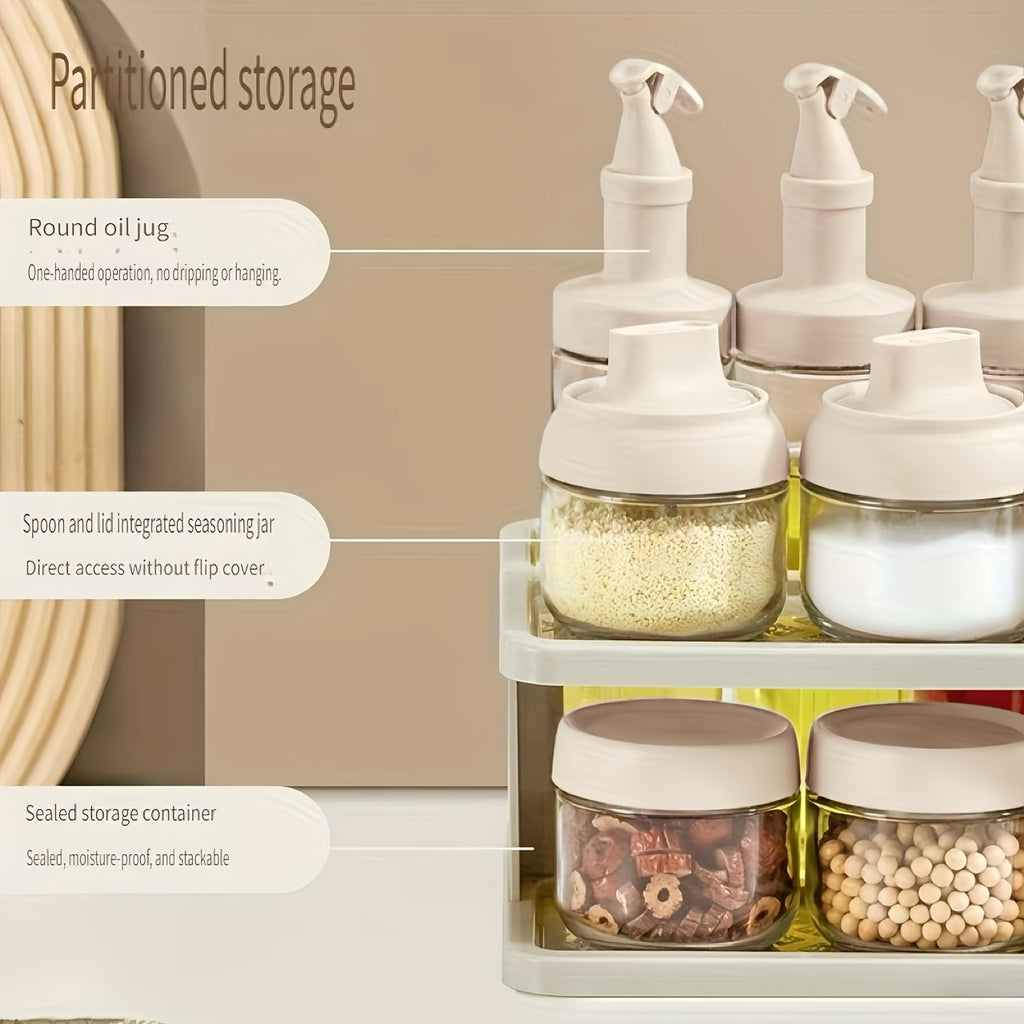 11pcs Sealed Sauce & Oil Storage Jars with Snap- Lids & Countertop Rack - Layered Shelf Compatible for Condiment Bottles, Spices, Vinegar - Kitchen Organizers Suitable and Dining Areas