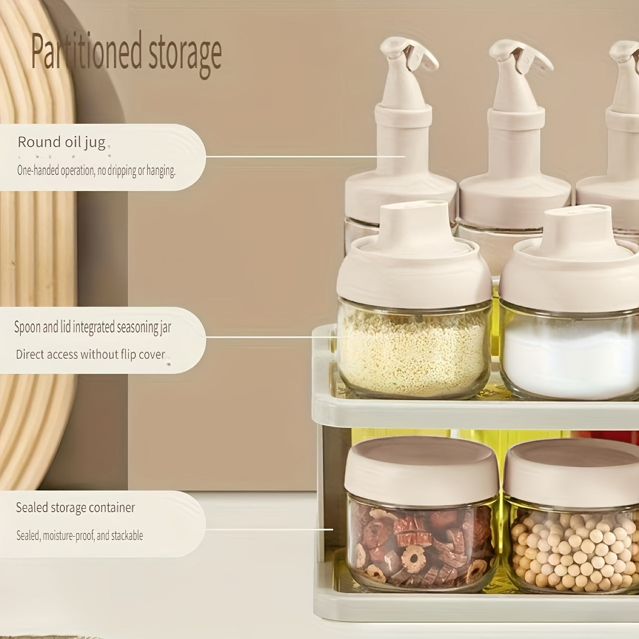 11pcs Sealed Sauce & Oil Storage Jars with Snap- Lids & Countertop Rack - Layered Shelf Compatible for Condiment Bottles, Spices, Vinegar - Kitchen Organizers Suitable and Dining Areas