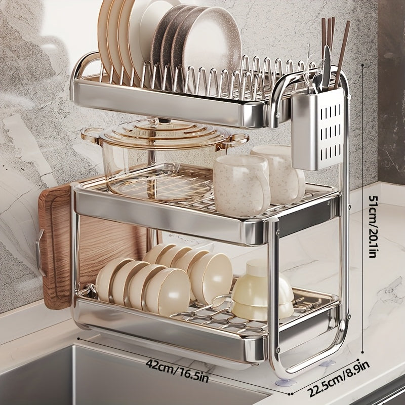 Stainless Steel Bowl, 2-Tier\u002F3-Tier Multifunctional Kitchen Storage Rack, Includes Knife And Fork Holder And Cutting Board Holder, Space-Saving Sink Side Drying Shelf, Essential for Organizing Kitchen
