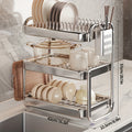 Stainless Steel Bowl, 2-Tier\u002F3-Tier Multifunctional Kitchen Storage Rack, Includes Knife And Fork Holder And Cutting Board Holder, Space-Saving Sink Side Drying Shelf, Essential for Organizing Kitchen