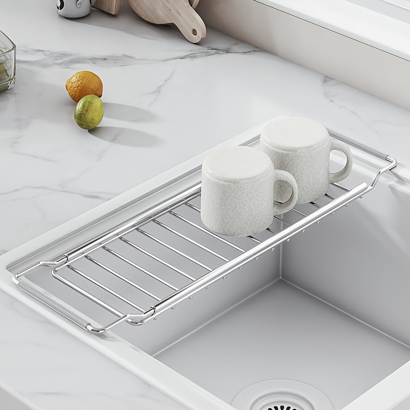 A Retractable Stainless Steel Sink Drainage Rack with Silicone Handles, an Expandable Dish Drying Rack, Multifunctional Storage Organizer for Kitchen Sink Additions, And a Korean-Style Collapsible Draining Basket