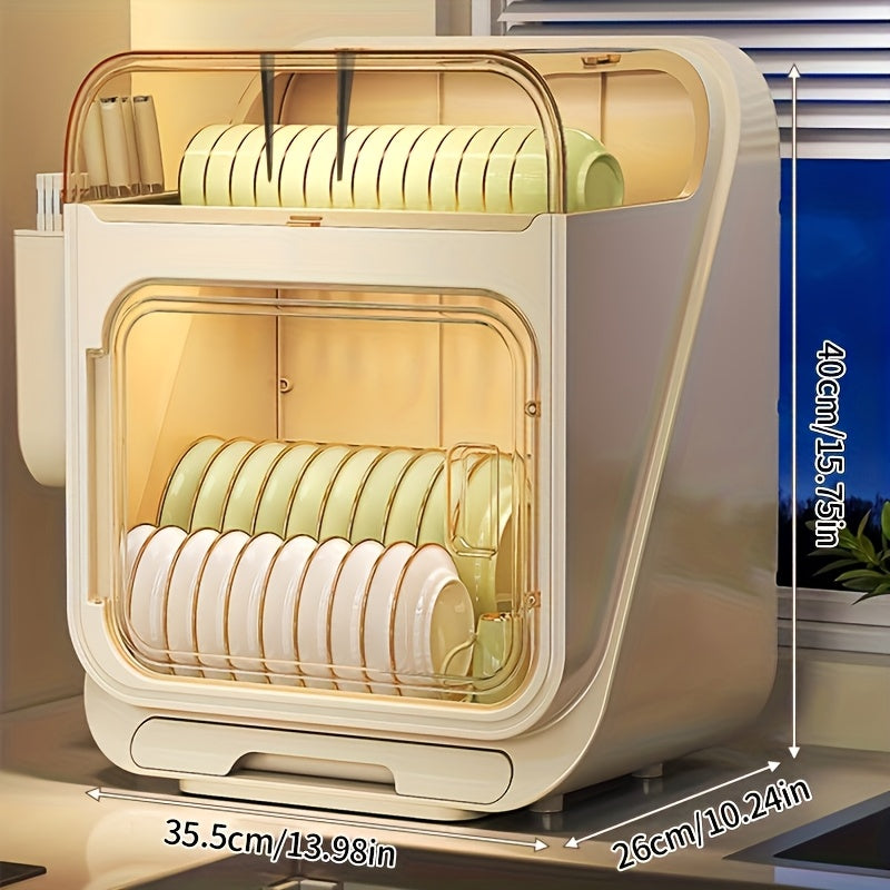 A Two-Tier Dish Drying Rack with a Cover, a Portable Storage Cabinet for Dishes, a Multifunctional 3-In-1 Kitchen Shelf, a Lightweight Plastic Dish Drainer with a Drip Tray, a Modern Minimalist Dish Rack for Organizing And Storing Kitchenware