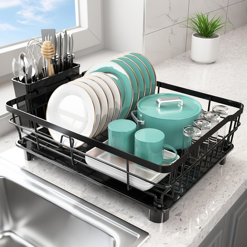 Kitchen Countertop Dish Drying Rack, Cutlery Holder, Metal Draining Rack, Smart Drainage System with Removable Cutlery Holder, Home Hand-Washing Dish Assistant, Space-Saving for Apartments