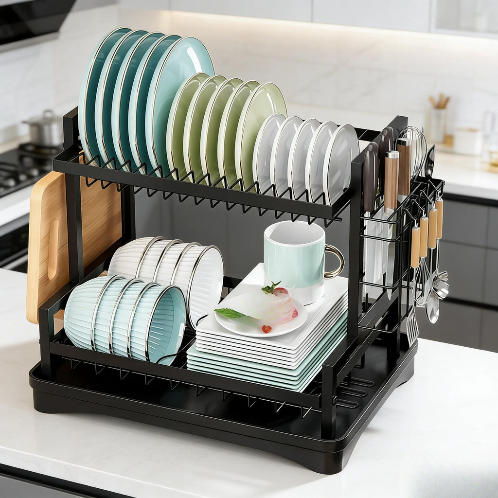 Large Heavy-Duty 2-Tier Dish Drying Rack with Removable Drain Board - Space-Saving Iron Dish Rack Suitable for Cups, Utensils, Chopping Boards, Plates, Bowls - Easy Assembly & Cleaning, Sturdy Countertop Organizer Sink Area, Ideal Gift