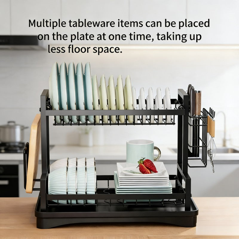 Large Heavy-Duty 2-Tier Dish Drying Rack with Removable Drain Board - Space-Saving Iron Dish Rack Suitable for Cups, Utensils, Chopping Boards, Plates, Bowls - Easy Assembly & Cleaning, Sturdy Countertop Organizer Sink Area, Ideal Gift