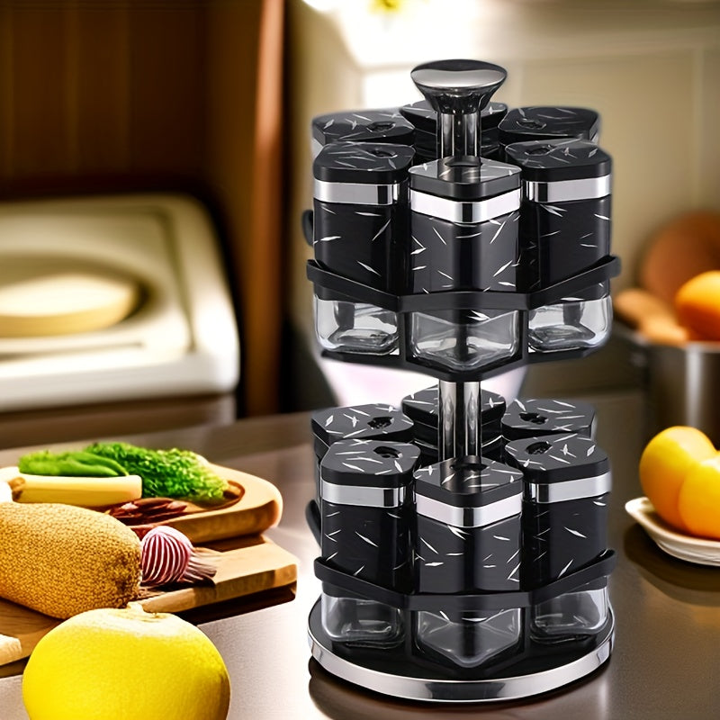 Elegant Glass Spice Set 6 Bottle Spice Set - Elegant White And Black Glass Shakers for Seasonings, Peppers And Herbs, Kitchen Essential, Travel, Rotating Rack, Decor Containers