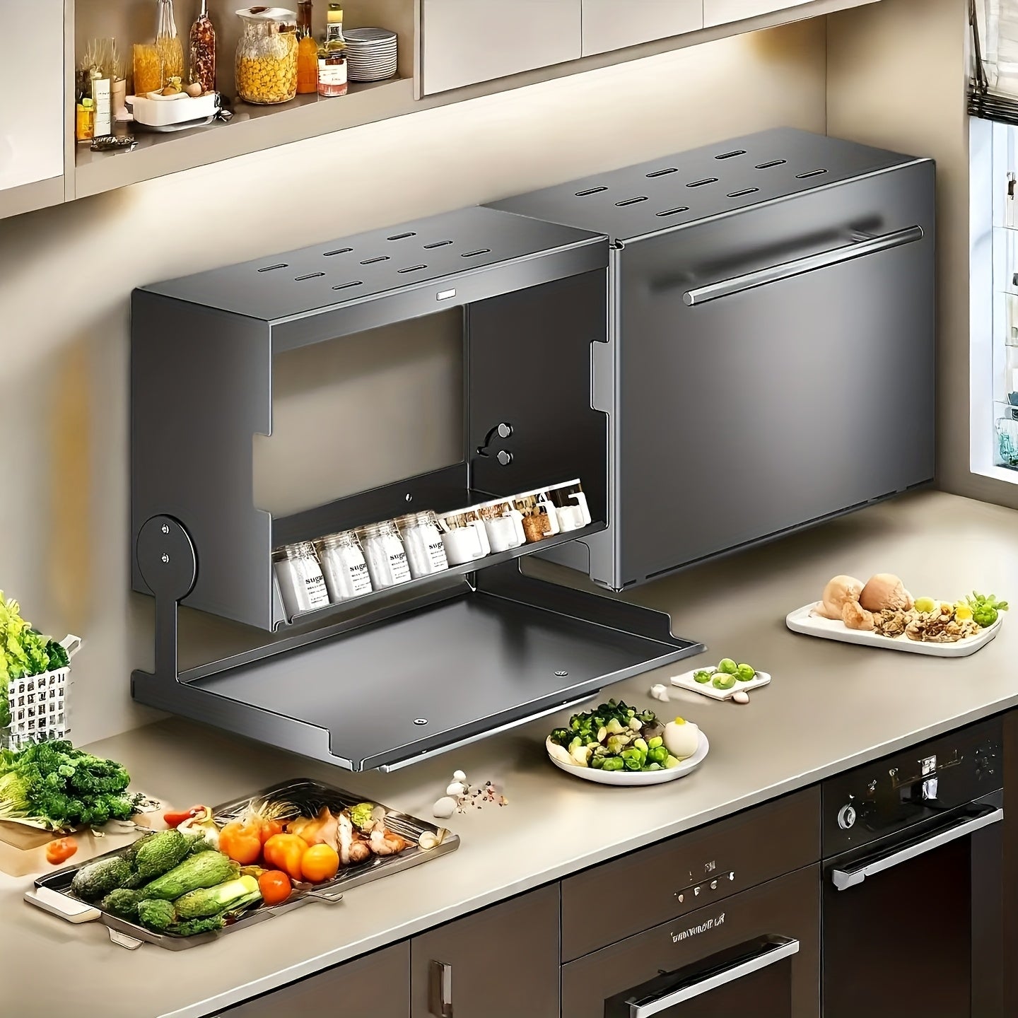 Wall-Mounted Kitchen Spice Rack with Pull-Down Double Shelves - Carbon Steel Space-Saving Flip-Top Design, 2 Sizes for Utensils, Food Prep & Countertop Organization, Durable Rust-Resistant Storage Organizer, Kitchen Storage Rack, Sleek Metallic Fini