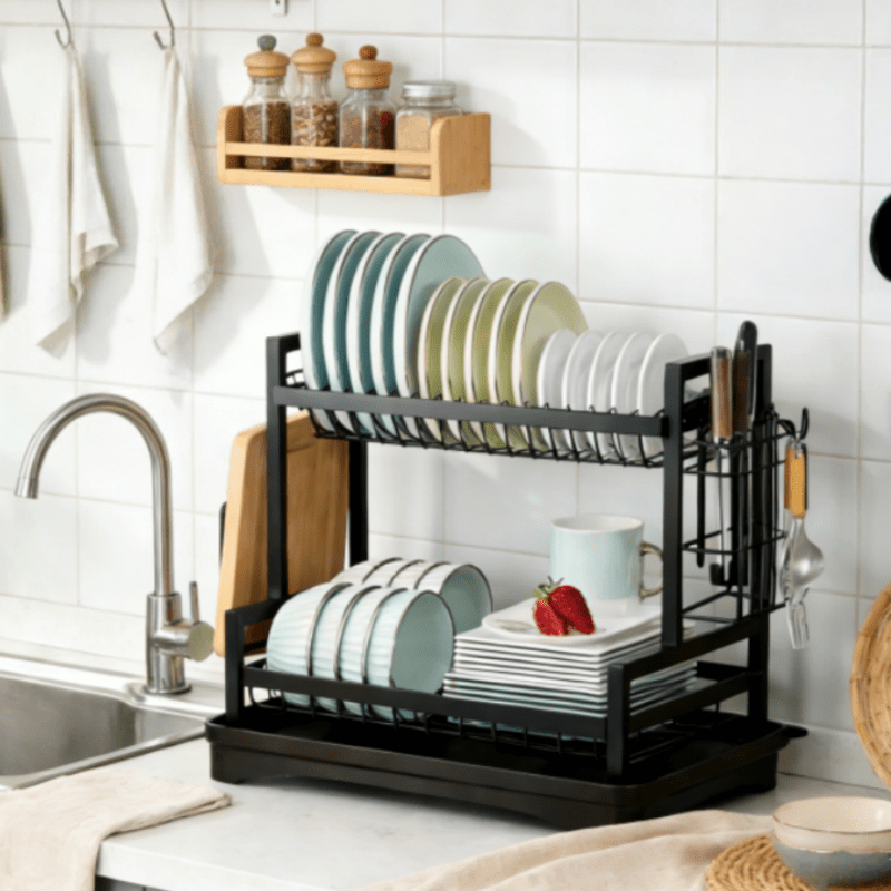 Large Heavy-Duty 2-Tier Dish Drying Rack with Removable Drain Board - Space-Saving Iron Dish Rack Suitable for Cups, Utensils, Chopping Boards, Plates, Bowls - Easy Assembly & Cleaning, Sturdy Countertop Organizer Sink Area, Ideal Gift