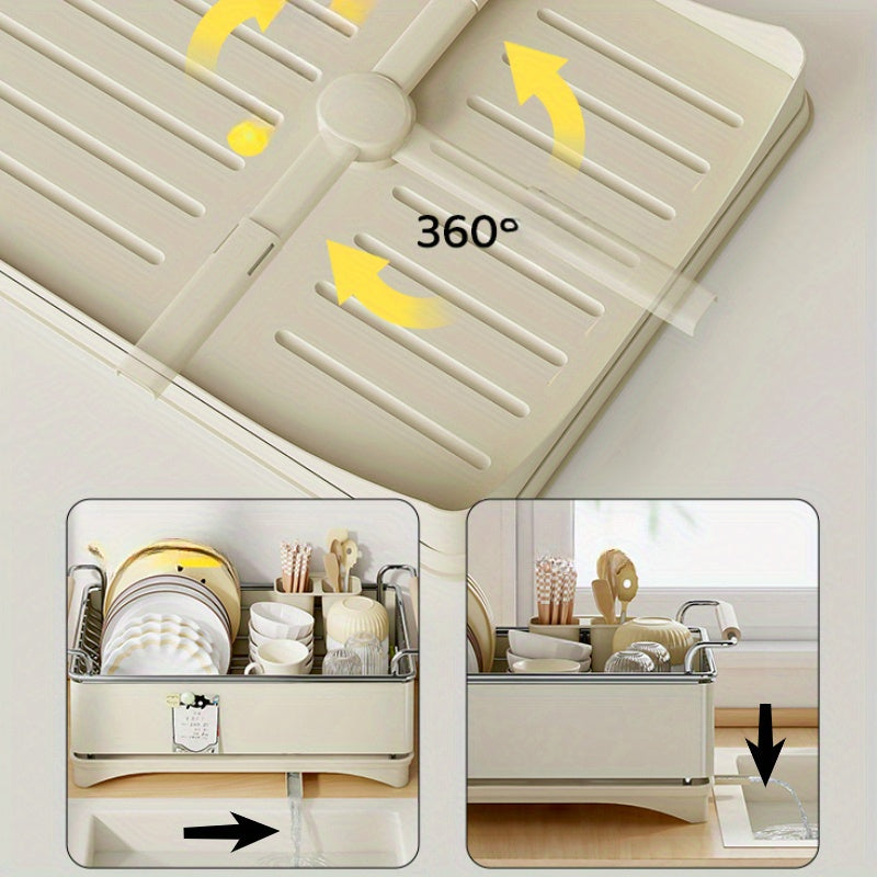 Large-Capacity Heavy-Duty 304 Stainless Steel Dish Drying Rack with Draining Board & Wood Handle - Single-Tier Space-Saving Kitchen Countertop Dish Rack Suitable for Plates, Bowls, Cups, Utensils, Chopsticks - Ideal for Small Apartments, Households
