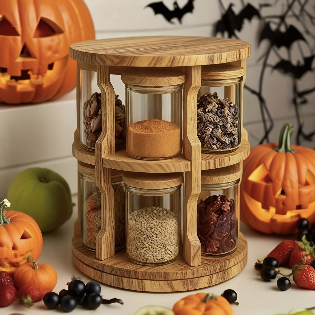 1pc Bamboo Rotating Spice Rack | 10pcs Glass Spice Jars with Flip Top, Round Shape, Reusable, for Kitchen Countertops and Cabinets