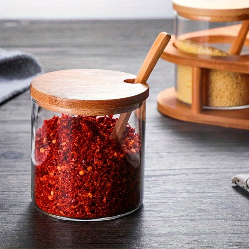 3pcs Glass Spice Jar Set with Wooden Rack, Sealed Glass Containers for Kitchen Storage, Suitable for Salt, Pepper, Sugar and Spices, Food Storage, Condiment Containers