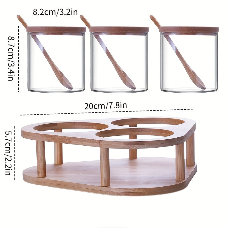 3pcs Glass Spice Jar Set with Wooden Rack, Sealed Glass Containers for Kitchen Storage, Suitable for Salt, Pepper, Sugar and Spices, Food Storage, Condiment Containers