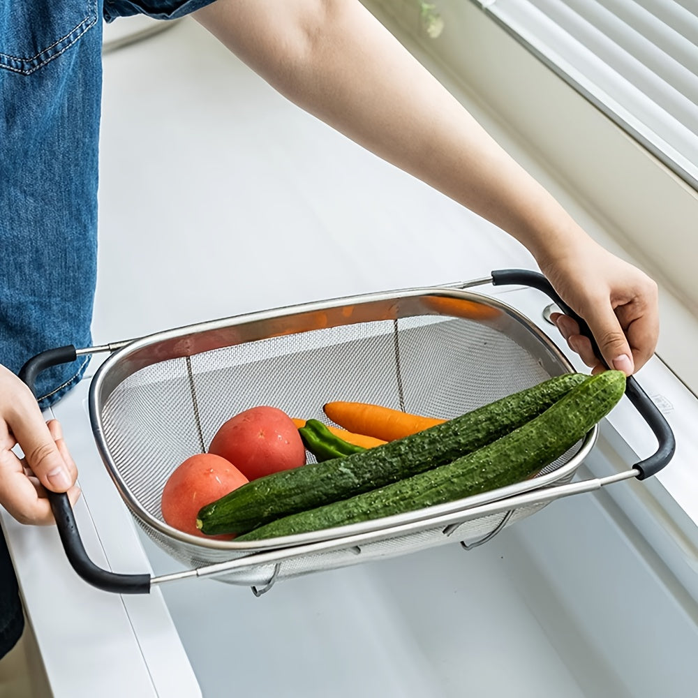 1pc Adjustable Stainless Steel Sink Colander | Multifunctional Vegetable and Fruit Washing Basket with Drain Rack, Strainer, and Kitchen Additions - Space-Saving, Easy to Clean, and Durable Kitchen Gadget by Eatscotta